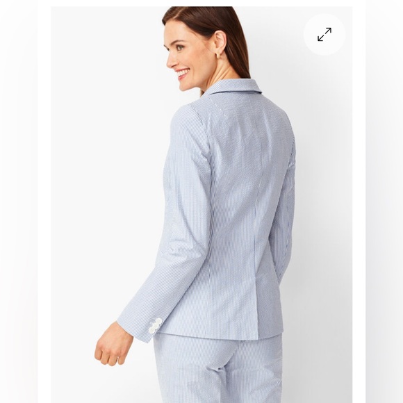 Talbots Seersucker Blue and White Stripe One Button Lined Blazer Sz 10 - Picture 2 of 7